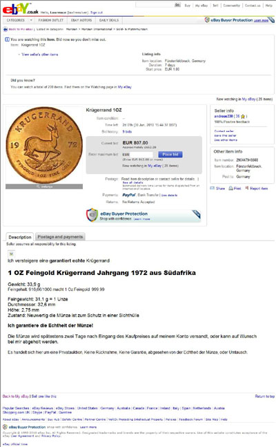 andreas330 eBay Listing Using our 1972 One Ounce Gold Krugerrand Reverse Photograph Photograph